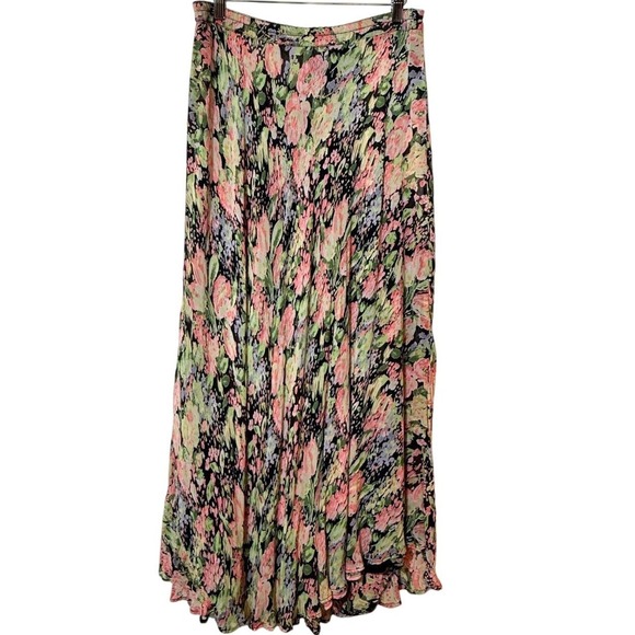 Coldwater Creek Maxi Skirt Medium Floral Print Rayon Reversible Black Pink Green - Picture 1 of 5